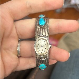 Bulova Steeling Silver Watch Cuff with Turquoise Accents